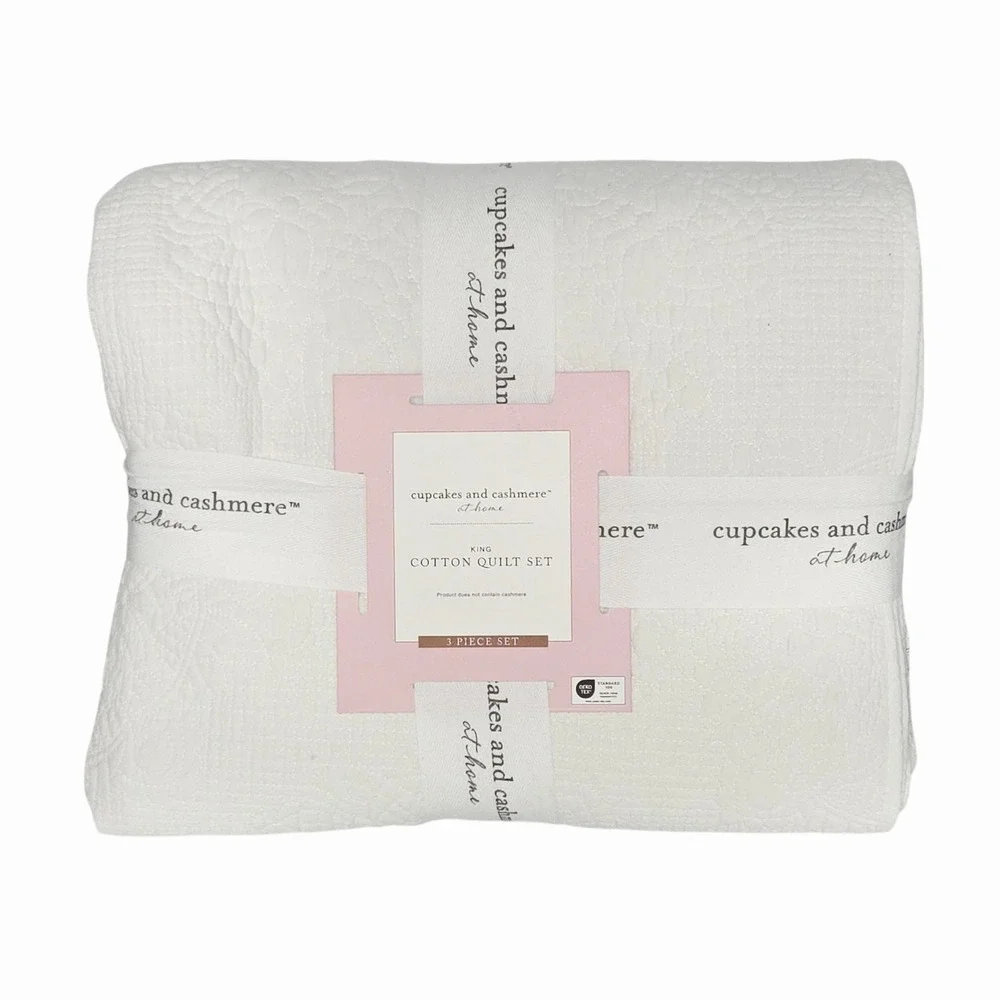 Cupcakes And Cashmere Damask Floral White Cotton King Quilt Set With 2 Shams
